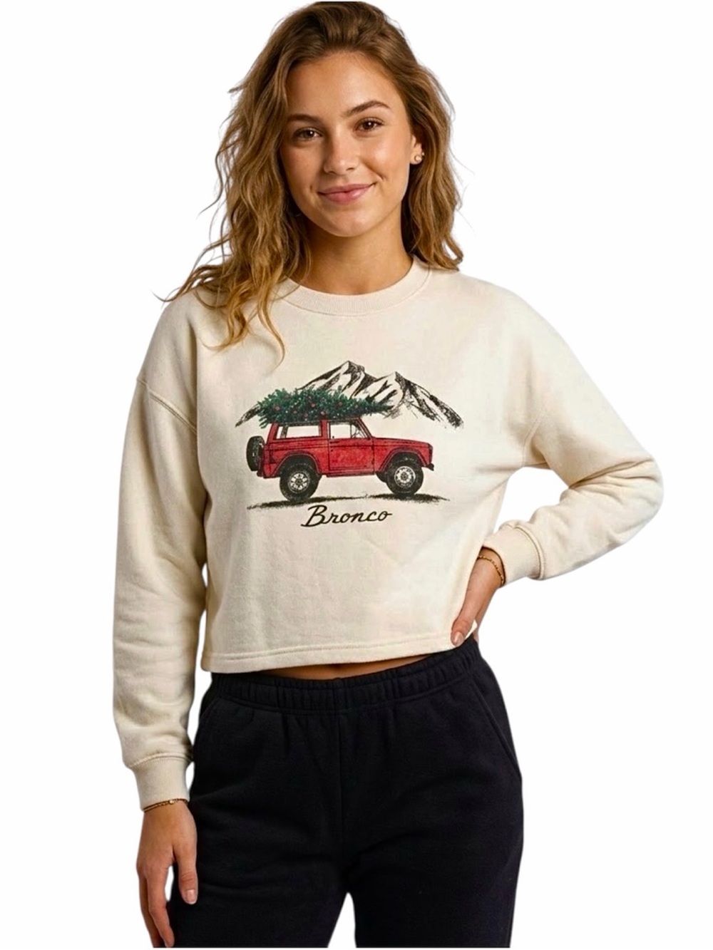Ford Roadtrip Bronco Christmas tree graphic Cropped Sweatshirt Size Small NWT